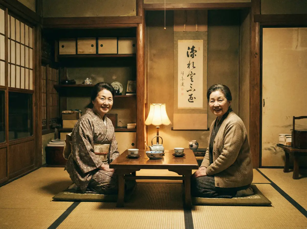 两位优雅的 500彩票网址 在日式茶室中品茶交谈